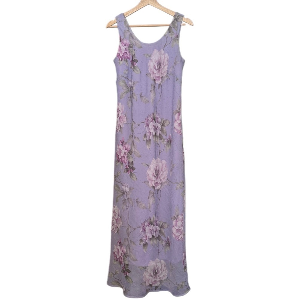 VTG Karin Stevens Sheer Overlay Sleeveless Lavender Floral Midi Slip Dress Sz8
